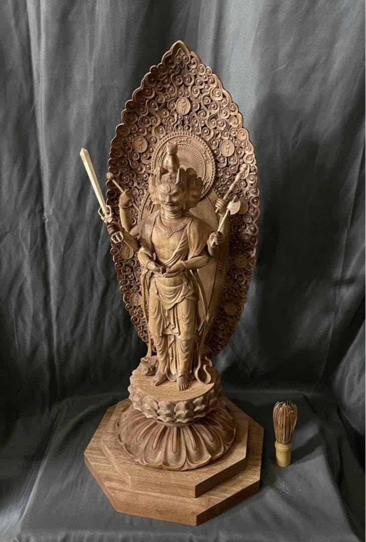 仏教工芸品　総楠製　井波彫刻　極上彫　木彫仏像　毘沙門天立像 高36cm仏教工芸品 総楠製 井波彫刻一刀彫 木彫仏像 龍上観音
